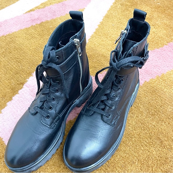 Mango Black Leather Lace Up Combat Boots - Picture 1 of 6